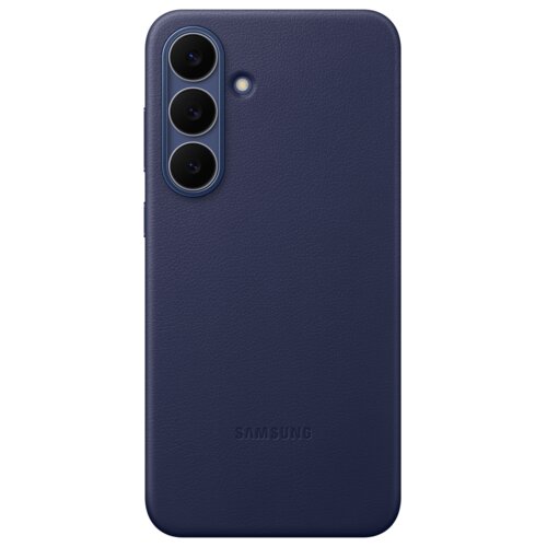 Ciemnoniebieskie etui na telefon z trzema okrągłymi wycięciami na aparaty i jednym na lampę błyskową, z wytłoczonym napisem "SAMSUNG" na dole. Powierzchnia etui ma teksturę przypominającą skórę.