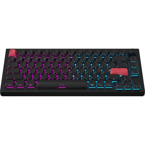 Czarna klawiatura mechaniczna z podświetleniem RGB, gdzie klawisze po lewej stronie świecą na różowo, a po prawej na niebiesko. Klawisz ESC jest czerwony, a klawisz Enter ma również czerwony kolor.