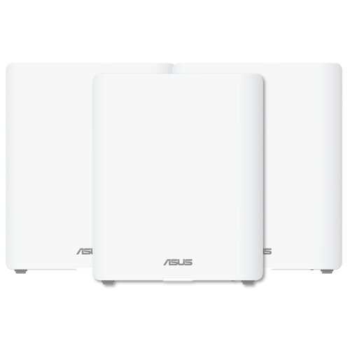 Trzy białe urządzenia o prostokątnym kształcie z zaokrąglonymi krawędziami, ustawione obok siebie, z widocznym logo "ASUS" na każdym z nich. Urządzenia są identyczne i mają minimalistyczny design.