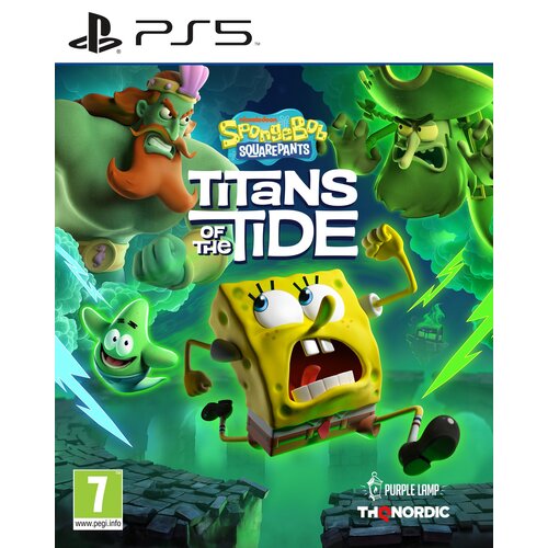 Okładka gry "SpongeBob SquarePants: Titans of the Tide" na PS5 przedstawia postać SpongeBoba w dynamicznej pozie, otoczoną przez inne postacie w intensywnych kolorach. Widoczne są loga "Purple Lamp" i "THQ Nordic", a w dolnym rogu znajduje się oznaczenie 