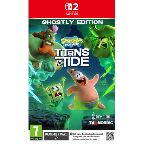 Okładka gry "SpongeBob SquarePants: Titans of The Tide Ghostly Edition" na Nintendo Switch, przedstawia postacie z kreskówki na tle zielonych chmur i błyskawic, z logotypami "Purple Lamp" i "THQ Nordic" oraz oznaczeniem wiekowym 7+. Na dole znajduje się i