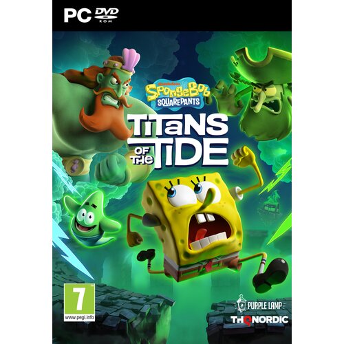 Okładka gry "Spongebob Squarepants: Titans of The Tide Ghostly Edition Gra PC" przedstawia postać SpongeBoba oraz inne postacie w dynamicznej scenie na tle zielonej poświaty. Widoczne są logotypy "PC DVD ROM", "PEGI 7", "Purple Lamp" oraz "THQ Nordic".