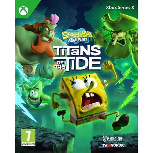 Okładka gry "SpongeBob SquarePants: Titans of the Tide" na Xbox Series X przedstawia postać SpongeBoba z otwartymi ustami, otoczoną przez inne postacie w dynamicznej scenerii z błyskawicami. Widoczne są loga "Purple Lamp" i "THQ Nordic", a w dolnym rogu z