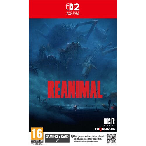 Ciemna, nastrojowa okładka gry "Reanimal" na Nintendo Switch z dużym czerwonym napisem "REANIMAL" na środku, przedstawiająca tajemnicze, zrujnowane budynki i ogromne, nieokreślone stworzenia w tle. Na dole widoczne są loga "Tarsier Studios" i "THQ Nordic"