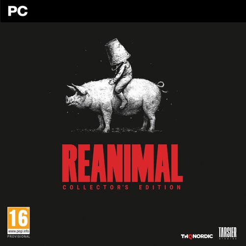 Okładka gry "Reanimal - Collector's Edition Gra PC" przedstawia postać siedzącą na dużym zwierzęciu z wiadrem na głowie, na czarnym tle. Na dole widnieje duży czerwony napis "REANIMAL" oraz mniejszy "COLLECTOR'S EDITION", a w rogu znajduje się logo THQ NO