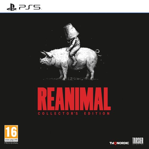 Okładka gry "Reanimal - Collector's Edition" na PS5 przedstawia postać siedzącą na dużym zwierzęciu z wiadrem na głowie, na czarnym tle. Widoczny jest napis "REANIMAL COLLECTOR'S EDITION", logo THQ NORDIC, TARSIER STUDIOS oraz oznaczenie wiekowe 16+.