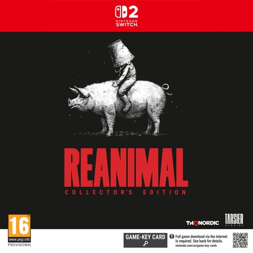 Okładka gry "Reanimal - Collector's Edition" na konsolę Nintendo Switch, przedstawia ilustrację postaci siedzącej na świni, z napisem "REANIMAL" poniżej. Widoczne są logotypy THQ Nordic i Tarsier Studios oraz oznaczenie wiekowe 16+ z informacją o konieczn