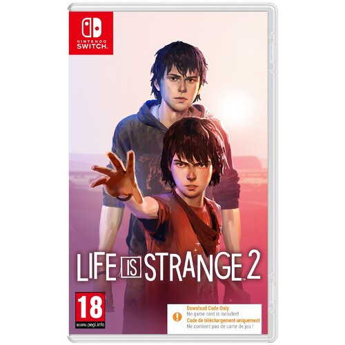 Okładka gry "Life Is Strange 2" na konsolę Nintendo Switch przedstawia dwóch chłopców na tle zachodzącego słońca, z wyciągniętą ręką jednego z nich. Na dole widnieje napis "Life Is Strange 2" oraz oznaczenie wiekowe 18, a także informacja o braku fizyczne