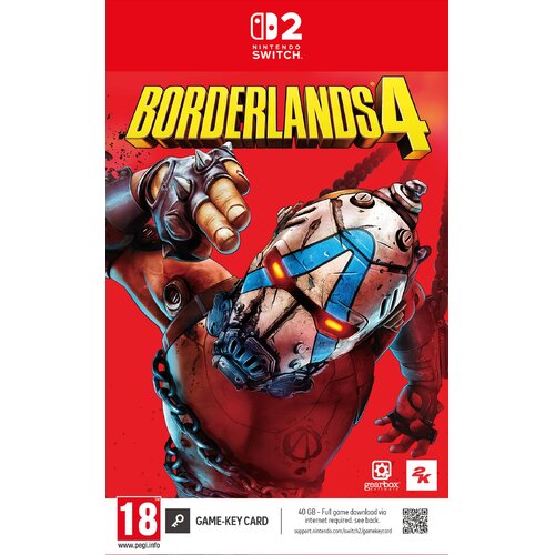 Okładka gry "Borderlands 4" na konsolę Nintendo Switch przedstawia postać w masce z niebieskimi i czerwonymi elementami na czerwonym tle. Na dole widnieje informacja o ograniczeniu wiekowym 18+, logo Gearbox i 2K, oraz tekst: "40 GB - Full game download v