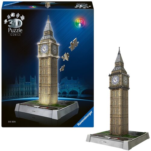 Pudełko z puzzlami 3D przedstawia model Big Bena z efektem LED, z widocznymi elementami układanki unoszącymi się obok. Na opakowaniu znajduje się napis "3D Puzzle Iconics", "LED", "Big Ben" oraz logo "Ravensburger".