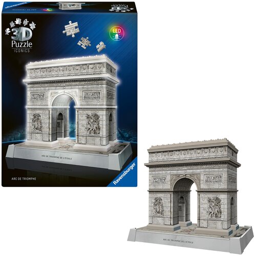 Pudełko z puzzlami 3D przedstawia model Łuku Triumfalnego z napisem "ARC DE TRIOMPHE DE L'ÉTOILE" oraz logo "Ravensburger". Na opakowaniu widoczne są elementy puzzli oraz oznaczenie LED.