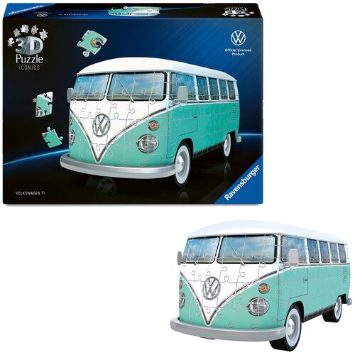 Na zdjęciu znajduje się opakowanie puzzli 3D przedstawiających model Volkswagena T1 w kolorze miętowym z białym dachem, z widocznym logo Ravensburger oraz napisem "Official Licensed Product". Obok opakowania widoczny jest złożony model pojazdu z puzzli.