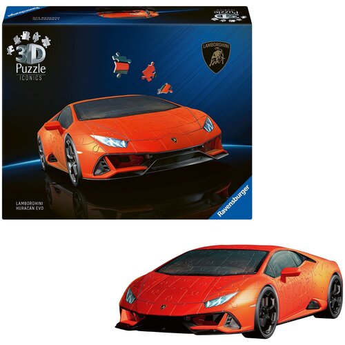 Na zdjęciu znajduje się opakowanie puzzli 3D przedstawiające pomarańczowy samochód sportowy z napisem "Lamborghini Huracan Evo" oraz logo producenta "Ravensburger". Obok opakowania widoczny jest złożony model samochodu z puzzli.