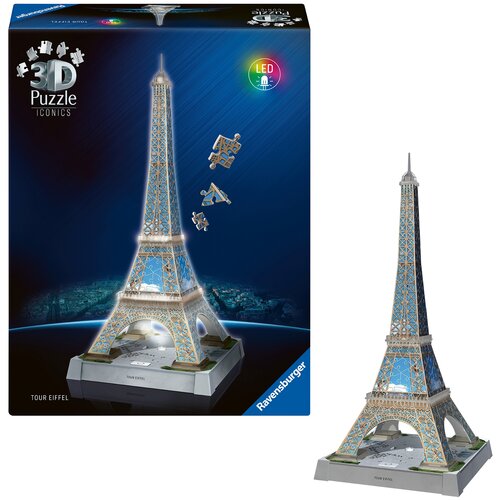 Opakowanie przedstawia model 3D Wieży Eiffla z puzzli, z efektem świetlnym LED, oraz logo "Ravensburger" w rogu. Obok opakowania znajduje się złożony model wieży, ukazujący szczegóły konstrukcji.