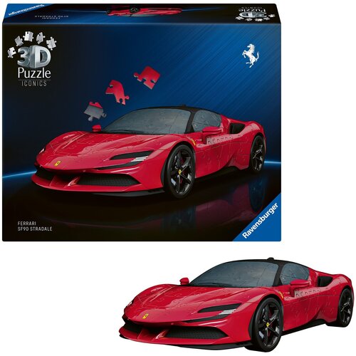Pudełko przedstawia czerwony samochód sportowy jako model 3D puzzli, z widocznymi elementami układanki unoszącymi się nad nim. Na opakowaniu znajduje się napis "3D Puzzle Iconics", "Ferrari SF90 Stradale" oraz logo "Ravensburger".