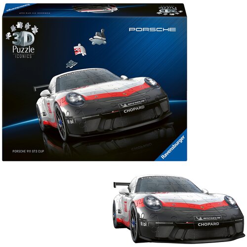 Pudełko z puzzlami 3D przedstawia model samochodu wyścigowego z widocznymi napisami "Porsche 911 GT3 CUP", "MICHELIN", "CHOPARD" oraz logo "Ravensburger". Na opakowaniu znajdują się również elementy puzzli oraz napis "3D Puzzle Iconics".