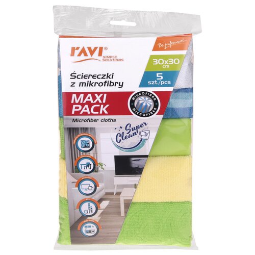Opakowanie ściereczek z mikrofibry marki RAVI Simple Solutions zawiera pięć sztuk o wymiarach 30 x 30 cm, z napisem "MAXI PACK" oraz grafiką przedstawiającą wnętrze pokoju. Na opakowaniu widnieją również ikony sugerujące różne zastosowania ściereczek oraz