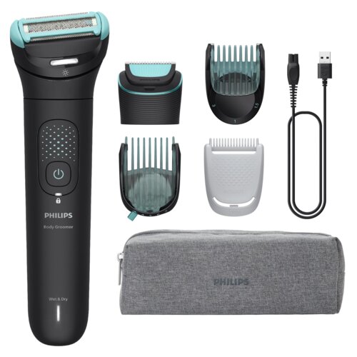 Na zdjęciu znajduje się czarny trymer z napisem "PHILIPS Body Groomer Wet & Dry" oraz różne akcesoria, takie jak nasadki, kabel USB i szara torba z napisem "PHILIPS".