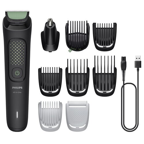 Na zdjęciu znajduje się czarny trymer z zielonymi elementami, oznaczony napisem "PHILIPS All-in-One", oraz osiem różnych nasadek i kabel USB. Nasadki mają różne długości, a niektóre z nich są oznaczone napisami "1MM", "12MM", "16MM" oraz "INTIMATE".