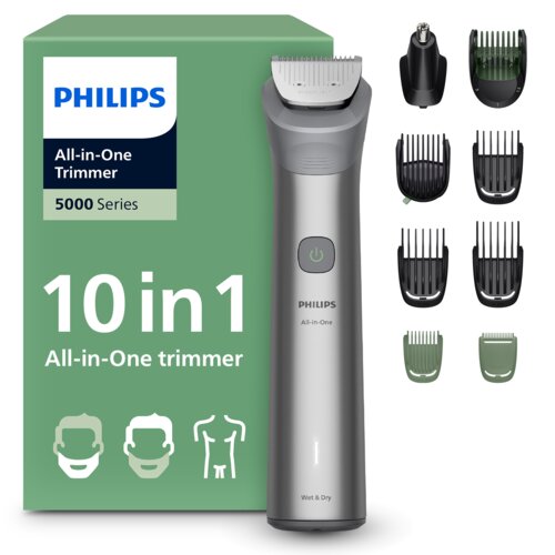 Na zdjęciu znajduje się trymer PHILIPS Multigroom Seria 5000 MG5931/15 wraz z różnymi nasadkami, obok zielonego opakowania z napisem "PHILIPS All-in-One Trimmer 5000 Series 10 in 1 All-in-One trimmer". Na trymerze widoczny jest przycisk zasilania oraz nap