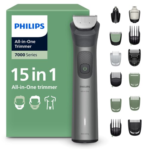 Na zdjęciu znajduje się trymer marki PHILIPS z serii 7000, model Multigroom MG7935/15, obok którego widoczny jest zielony karton z napisem "15 in 1 All-in-One trimmer". Obok trymera znajduje się zestaw różnych nasadek i akcesoriów, a na kartonie widnieje 