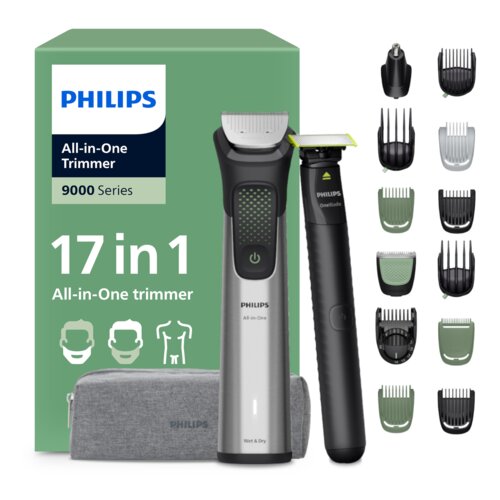 Zestaw trymera PHILIPS Multigroom Seria 9000 MG9535/15 obejmuje dwa urządzenia, różne nasadki oraz szarą kosmetyczkę, a w tle widoczny jest zielony karton z napisem "PHILIPS All-in-One Trimmer 9000 Series 17 in 1 All-in-One trimmer". Na zdjęciu znajdują s
