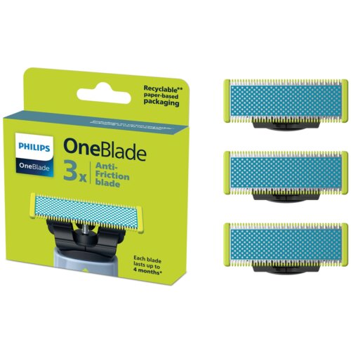 Opakowanie ostrzy golarki PHILIPS OneBlade 360 Anti-Friction QP235/50 zawiera trzy sztuki, z napisem "Recyclable** paper-based packaging" oraz "Each blade lasts up to 4 months*". Obok opakowania widoczne są trzy ostrza z zielonymi i niebieskimi elementami