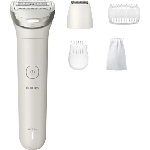 Na zdjęciu znajduje się golarka w kolorze białym z widocznym logo "PHILIPS" oraz napisem "Wet & Dry", a obok niej znajdują się cztery różne nasadki i biała torebka. Golarka ma przycisk włączania i metalową głowicę tnącą.