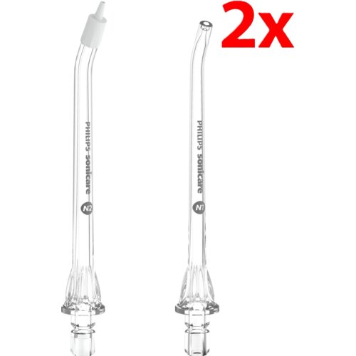 Dwa przezroczyste końcówki do irygatora z napisami "PHILIPS Sonicare" oraz oznaczeniami "N2" i "N1" na tle białym, z dużym czerwonym napisem "2x" w górnym rogu.