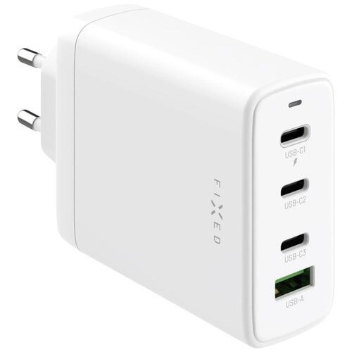 Biała ładowarka sieciowa z czterema portami: trzema USB-C oznaczonymi jako USB-C1, USB-C2, USB-C3 oraz jednym USB-A. Na boku urządzenia widnieje napis "FIXED".