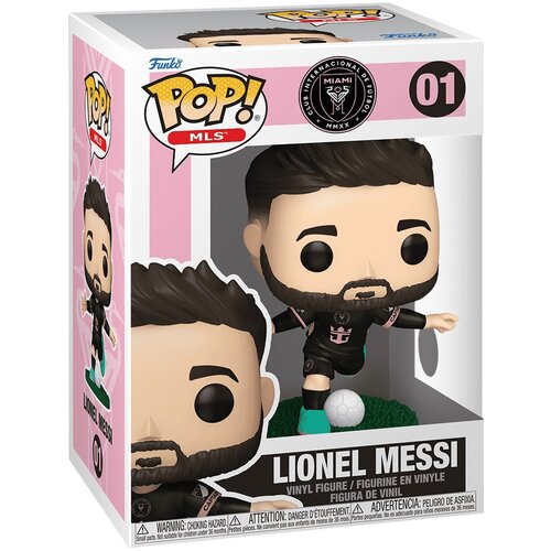 Pudełko z figurką winylową przedstawiającą postać w stroju piłkarskim, z piłką przy nodze, oznaczone jako "Lionel Messi". Na opakowaniu widnieje logo "Pop! MLS" oraz napis "CLUB INTERNACIONAL DE FUTBOL MIAMI MMXX", a także numer "01".