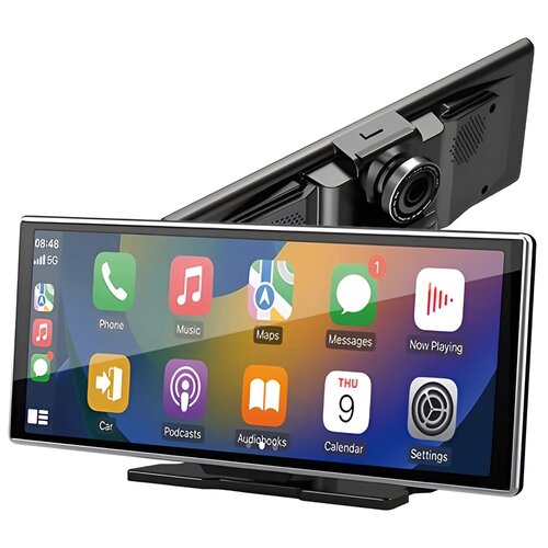 Tablet XENSO X10 z funkcją Bezprzewodowy CarPlay i Android Auto w kolorze czarnym, z wyświetlaczem pokazującym ikony aplikacji takich jak Phone, Music, Maps, Messages, Now Playing, Car, Podcasts, Audiobooks, Calendar i Settings. Na ekranie widoczny jest t