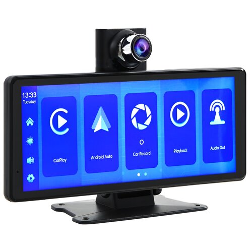 Na zdjęciu znajduje się czarny tablet z wyświetlaczem, na którym widoczne są ikony i napisy: "CarPlay", "Android Auto", "Car Record", "Playback", "Audio Out". W lewym górnym rogu ekranu widnieje godzina 13:33 i dzień tygodnia "Tuesday".
