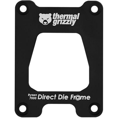 Czarna ramka montażowa z wycięciem pośrodku, na której widnieje logo "thermal grizzly" z wizerunkiem niedźwiedzia oraz napis "Ryzen 7000 Direct Die Frame". Ramka ma cztery otwory w rogach.