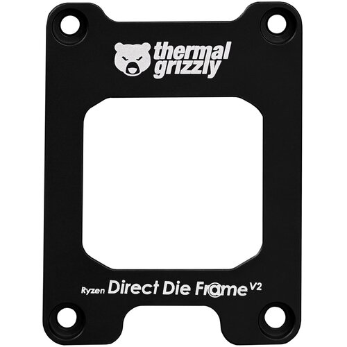 Czarna ramka montażowa z logo "thermal grizzly" na górze oraz napisem "Ryzen Direct Die Frame V2" na dole. Ramka ma cztery otwory w rogach i prostokątny otwór w środku.