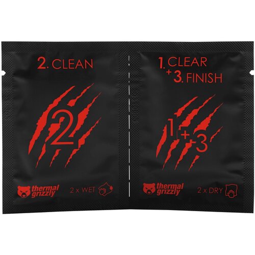 Czarne opakowanie chusteczek czyszczących z czerwonymi napisami: po lewej stronie "2. CLEAN" z symbolem pazurów i napisem "2 x WET", a po prawej "1. CLEAR + 3. FINISH" z symbolem pazurów i napisem "2 x DRY". Na dole widoczne jest logo "thermal grizzly".