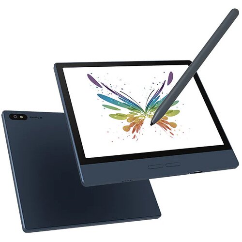 Na zdjęciu widoczny jest granatowy czytnik e-booków z podświetlanym ekranem, na którym wyświetlony jest kolorowy motyl, oraz rysik dotykający ekranu. Urządzenie ma dwa przyciski na dolnej krawędzi i widoczny jest jego tył z kamerą.