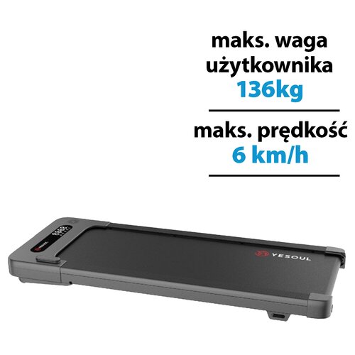 Na zdjęciu znajduje się bieżnia elektryczna z widocznym logo "YESOUL" na powierzchni. Obok bieżni widnieje tekst: "maks. waga użytkownika 136kg" oraz "maks. prędkość 6 km/h".