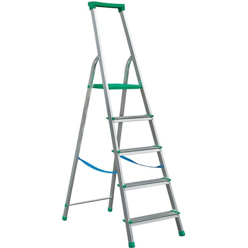 Aluminiowa drabina z pięcioma stopniami, wyposażona w zielone elementy na szczycie i stopniach oraz niebieski pasek stabilizujący. Produkt oznaczony jako "Drabina DRABEX 1205 (1.9 m)".
