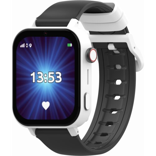 Smartwatch z czarnym paskiem i białą kopertą, na wyświetlaczu widoczna jest godzina 13:53 oraz ikona serca. Tło ekranu ma niebieski, promienisty wzór, a w górnym rogu znajduje się ikona baterii.