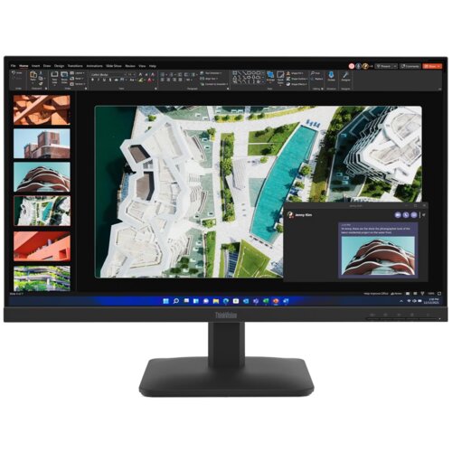Monitor wyświetla obraz z programu do prezentacji, na którym widoczna jest mapa z lotu ptaka oraz miniatury zdjęć po lewej stronie. Na ekranie znajduje się również okno czatu z wiadomością od użytkownika o nazwie "Jenny Kim".