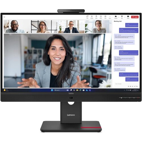 Monitor wyświetla ekran wideokonferencji z pięcioma osobami oraz okno czatu po prawej stronie, na którym widoczne są wiadomości tekstowe. Na dolnej ramce monitora znajduje się logo "Lenovo".