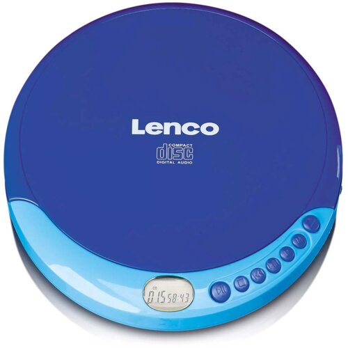 Niebieski Discman z logo "Lenco" na górze oraz napisem "Compact Disc Digital Audio" poniżej. Na dolnej części urządzenia znajduje się wyświetlacz LCD pokazujący czas 01:58:43 oraz przyciski sterujące.