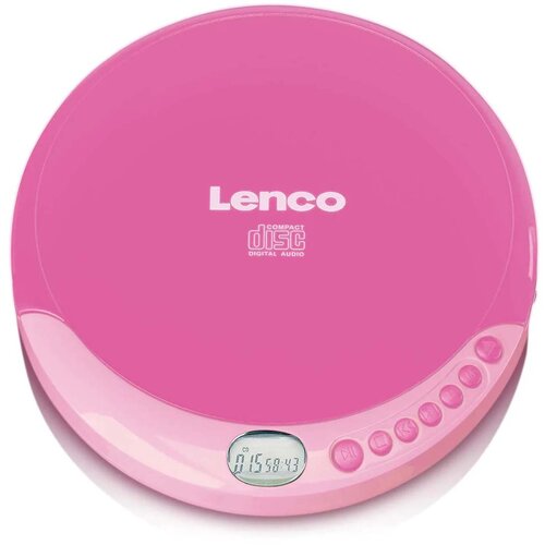 Różowy odtwarzacz CD z logo "Lenco" na górze oraz napisem "Compact Disc Digital Audio" poniżej. Na dolnej części widoczny jest wyświetlacz LCD z czasem "15:08:43" oraz kilka przycisków funkcyjnych.