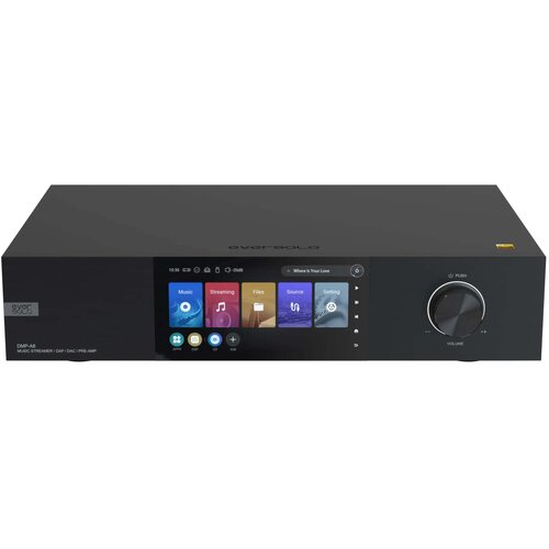 Czarny streamer odtwarzacz sieciowy EVERSOLO DMP-A8 z kolorowym wyświetlaczem pokazującym ikony: Music, Streaming, Files, Source, Setting oraz dużym pokrętłem z napisem "VOLUME". Na obudowie widoczne są napisy: "EVERSOLO", "DMP-A8", "MUSIC STREAMER / DAC 