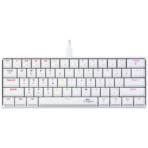 Biała klawiatura z kolorowym podświetleniem RGB, posiadająca klawisze z oznaczeniami liter, cyfr oraz funkcji multimedialnych. Na spacji widoczne jest logo "Froggiex".
