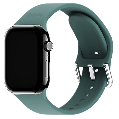 Zielony pasek silikonowy do zegarka Apple Watch z metalową klamrą, na którym widoczne jest logo "holdit". Pasek jest przymocowany do czarnej koperty zegarka.