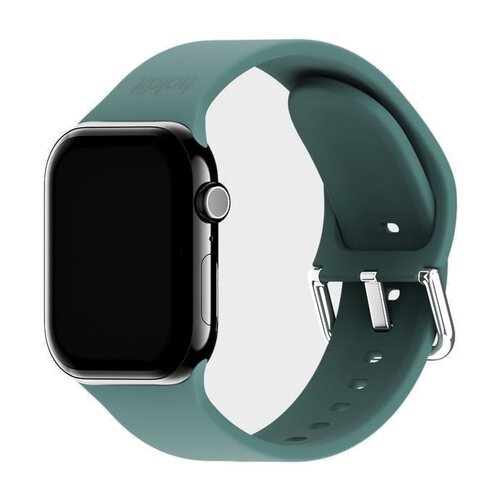 Zielony pasek silikonowy do zegarka Apple Watch z metalową klamrą, widoczny z przodu i z boku. Na pasku znajduje się napis "holdit".