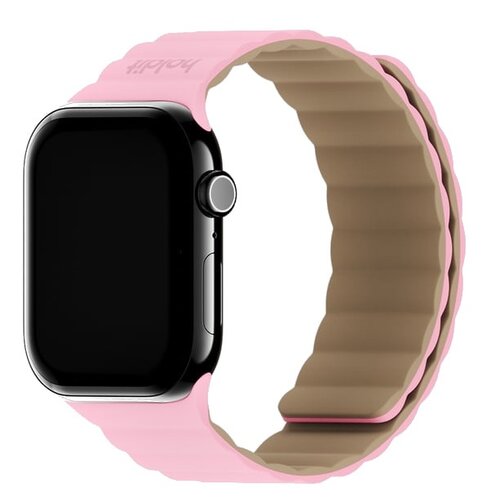 Różowo-beżowy pasek silikonowy do zegarka Apple Watch z widocznym logo "Holdit" na zewnętrznej stronie. Pasek ma falistą strukturę i jest przymocowany do czarnej koperty zegarka.