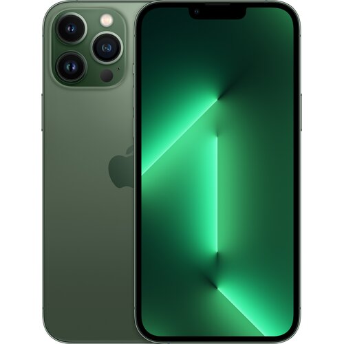 Na zdjęciu widoczny jest zielony smartfon z trzema aparatami z tyłu oraz ekranem wyświetlającym gradient w odcieniach zieleni. Na obudowie znajduje się logo w kształcie nadgryzionego jabłka.